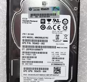 765466-B21 HP 2TB 12G SAS 7.2K RPM 2.5" 512E HDD 765873-001 765452-002